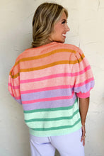 Load image into Gallery viewer, Hot Pink Colorful Stripe Bubble Short Sleeve Sweater
