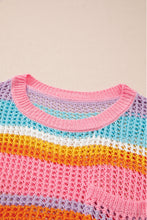 Load image into Gallery viewer, Pink Stripe Plus Size Open Knit Patch Pocket Short Sleeve Sweater
