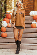 Cargar imagen en el visor de la galería, Chestnut Sequin Happy Halloween Graphic Notched Neck Long Sleeve Loose Top
