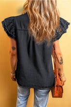 Load image into Gallery viewer, Black Button Front Ruffled Flutter Frayed Denim Top
