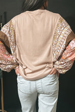 Load image into Gallery viewer, Parchment Contrast Floral Patchwork Puff Sleeve Waffle Knit Top
