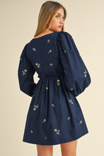 Load image into Gallery viewer, Blue Floral Embroidered Square Neck Puff Sleeve Ruffled Mini Dress

