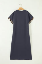 Load image into Gallery viewer, Dark Grey Contrast Leopard Bow Patched Short Sleeve T Shirt Long Dress
