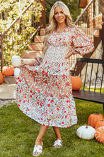 Cargar imagen en el visor de la galería, Khaki Floral Print Ruffled Tiered Long Sleeve V Neck Midi Dress
