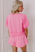 Load image into Gallery viewer, Pink Contrast Bow Trim Pearl Puff Sleeve Blouse and Skort 2pcs Set
