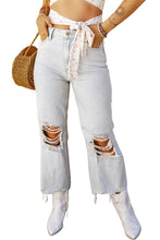 Cargar imagen en el visor de la galería, Light Blue High Rise Ripped Frayed Hem Straight Jeans
