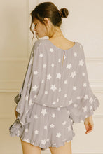 Load image into Gallery viewer, Gray Star Print Crinkle Textured Kimono Ruffle Sleeve Romper
