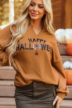 Cargar imagen en el visor de la galería, Chestnut Sequin Happy Halloween Graphic Notched Neck Long Sleeve Loose Top
