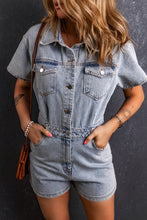 Cargar imagen en el visor de la galería, Light Blue Vintage Washed Buttons Pocketed Denim Romper
