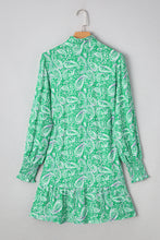 Load image into Gallery viewer, Green Paisley Print Long Sleeve Button Front Tied Waist Mini Dress
