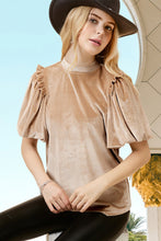 Load image into Gallery viewer, Light French Beige Frilly Puff Sleeve Mock Neck Blouse
