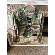 Load image into Gallery viewer, Women’s Upcycle Genuine Army Cropped Distressed Camouflage Jacket - Green Camo
