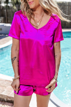 Cargar imagen en el visor de la galería, Bright Pink Satin V Neck Tee and Drawstring Shorts Set
