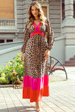 Cargar imagen en el visor de la galería, Brown Leopard Color Block V Neck Loose Fit Maxi Dress
