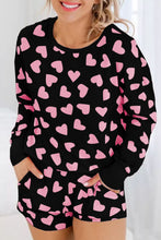 Cargar imagen en el visor de la galería, Black Valentine&#39;s Heart Shape Print Long Sleeve Top Shorts Lounge Set
