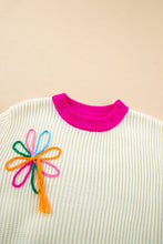 Cargar imagen en el visor de la galería, Beige Colorblock Flower Print Cable Knit Loose Sweater
