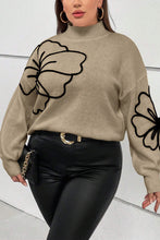 Cargar imagen en el visor de la galería, Dark Khaki Plus Size Big Flower Pattern High Neck Drop Shoulder Sweater
