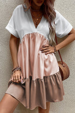 Load image into Gallery viewer, Light French Beige Triple Colors V Neck Folded Cuffs Tiered Loose Dress
