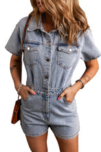 Cargar imagen en el visor de la galería, Light Blue Vintage Washed Buttons Pocketed Denim Romper
