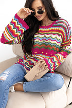 Cargar imagen en el visor de la galería, Rose Red Colorblock Striped Hollowed Knit Loose Sleeve Sweater
