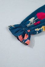 Load image into Gallery viewer, Blue Floral Print Gathered Neckline 7/8 Sleeve Casual Midi Dress
