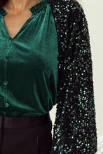 Load image into Gallery viewer, Evergreen Sequin Patchwork Sleeve Button Up Velvet Top
