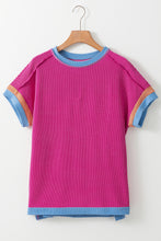 Load image into Gallery viewer, Bright Pink Textured Contrast Trim Round Neck T Shirt
