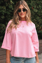 Cargar imagen en el visor de la galería, Pink Stripe Bowknot Cutout Back Drop Shoulder Wide Bracelet Sleeve Loose Tee

