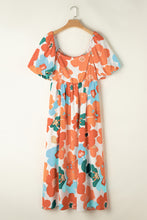 Cargar imagen en el visor de la galería, Orange Plus Size Flower Print Shirred Square Neck Maxi Dress
