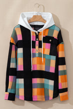 Cargar imagen en el visor de la galería, Multicolour Plaid Color Block Flap Pocket Buttoned Hoodie
