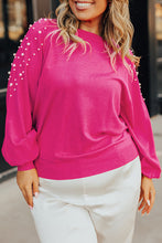 Cargar imagen en el visor de la galería, Strawberry Pink Pearled Decor Raglan Sleeve Plus Size Sweater
