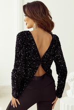 Cargar imagen en el visor de la galería, Black Sequin Long Sleeve Cutout Back Top
