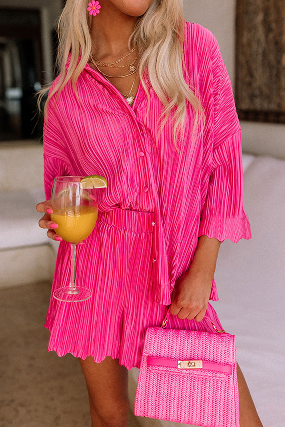 Hot Pink 3/4 Sleeves Pleated Shirt and High Waist Shorts Lounge Set