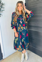 Cargar imagen en el visor de la galería, Blue Floral Print Gathered Neckline 7/8 Sleeve Casual Midi Dress
