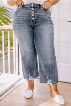 Cargar imagen en el visor de la galería, Medium Grey Plus Size Button Fly High Waist Ripped Straight Leg Jeans
