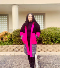 Load image into Gallery viewer, Hot Pink Black and Gray Color Block Long Sweater Duster Kimono
