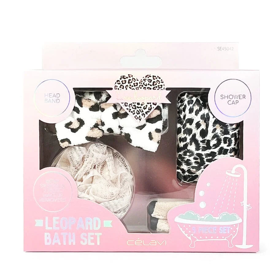 4 Piece Spa Leopard Print Gift Sets Headband Shower Cap Makeup Remover