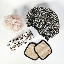 Load image into Gallery viewer, 4 Piece Spa Leopard Print Gift Sets Headband Shower Cap Makeup Remover
