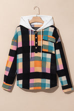 Cargar imagen en el visor de la galería, Multicolour Plaid Color Block Flap Pocket Buttoned Hoodie
