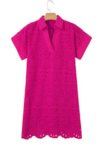 Cargar imagen en el visor de la galería, Rose Red Solid Color Eyelet Embroidered T Shirt Mini Dress
