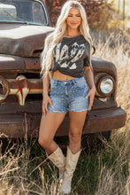 Load image into Gallery viewer, Dusk Blue Pearl Beaded Raw Hem Medium Wash Denim Shorts
