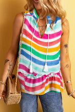 Load image into Gallery viewer, Rose Red Rainbow Stripes Ruffled Hem Drawstring V Neck Tank Top
