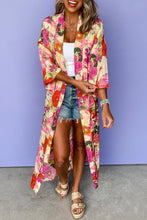 Load image into Gallery viewer, Pink Floral Allover Print Open Front Belted Duster Kimono
