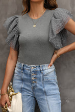 Cargar imagen en el visor de la galería, Gray Dotty Mesh Ruffle Sleeve Ribbed Knit Top
