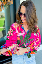 Load image into Gallery viewer, Rose Blooming Flower Print Ruffled Puff Sleeve Blouse
