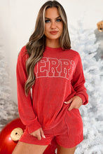 Cargar imagen en el visor de la galería, Racing Red Corded MERRY Graphic Long Sleeve Top and Shorts Set
