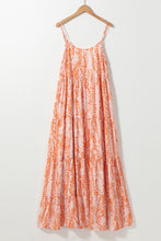 Load image into Gallery viewer, Orange Abstract Print Spaghetti Straps Backless Tiered Maxi Dress
