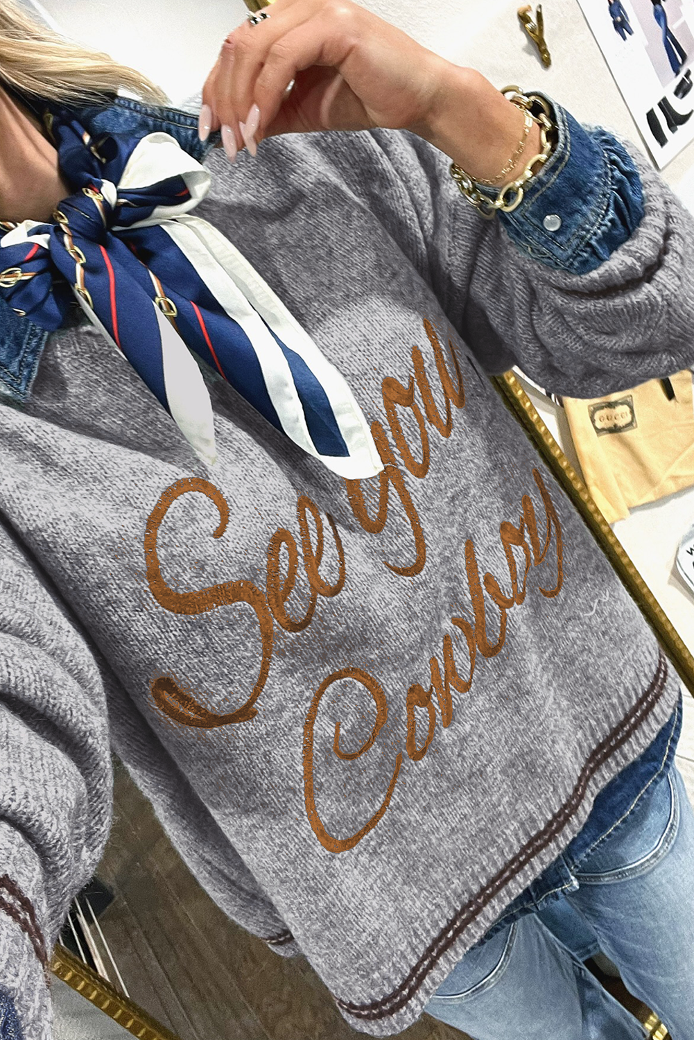 Light Grey See You Cowboy Embroidered Western Graphic Sweater