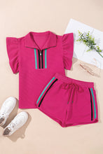 Load image into Gallery viewer, Strawberry Pink Striped Detail Flutter Sleeve Zipped Collar Short Set
