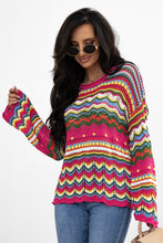 Cargar imagen en el visor de la galería, Rose Red Colorblock Striped Hollowed Knit Loose Sleeve Sweater
